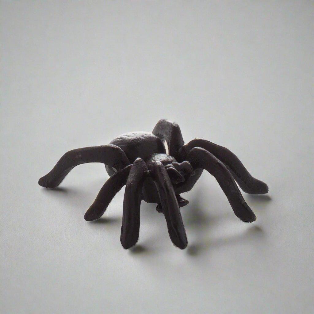Black cast iron decorative spider, 3"L x 3.5"W, with eight legs and a textured body.