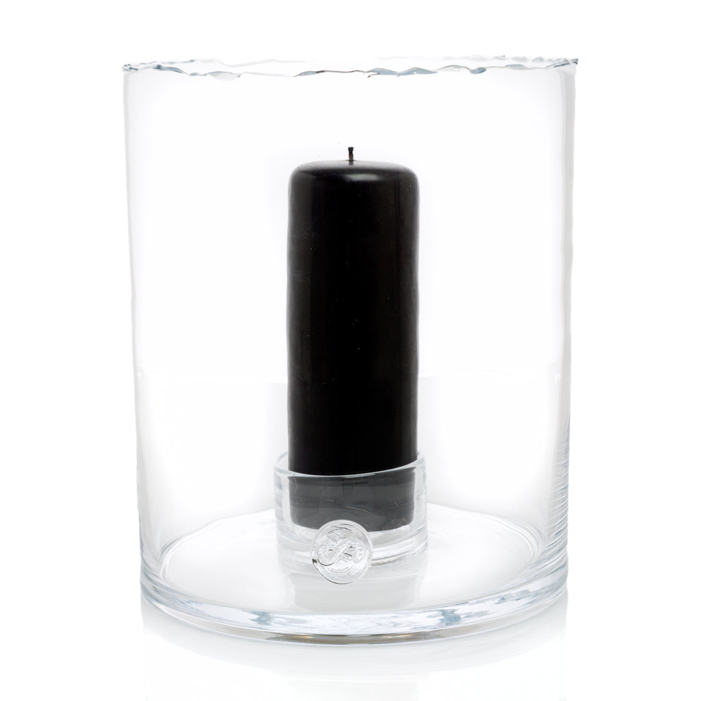 Bob Clear Scissor-Cut Glass Hurricane Candle Holder with black pillar candle, 11.5"Dia x 12"H.