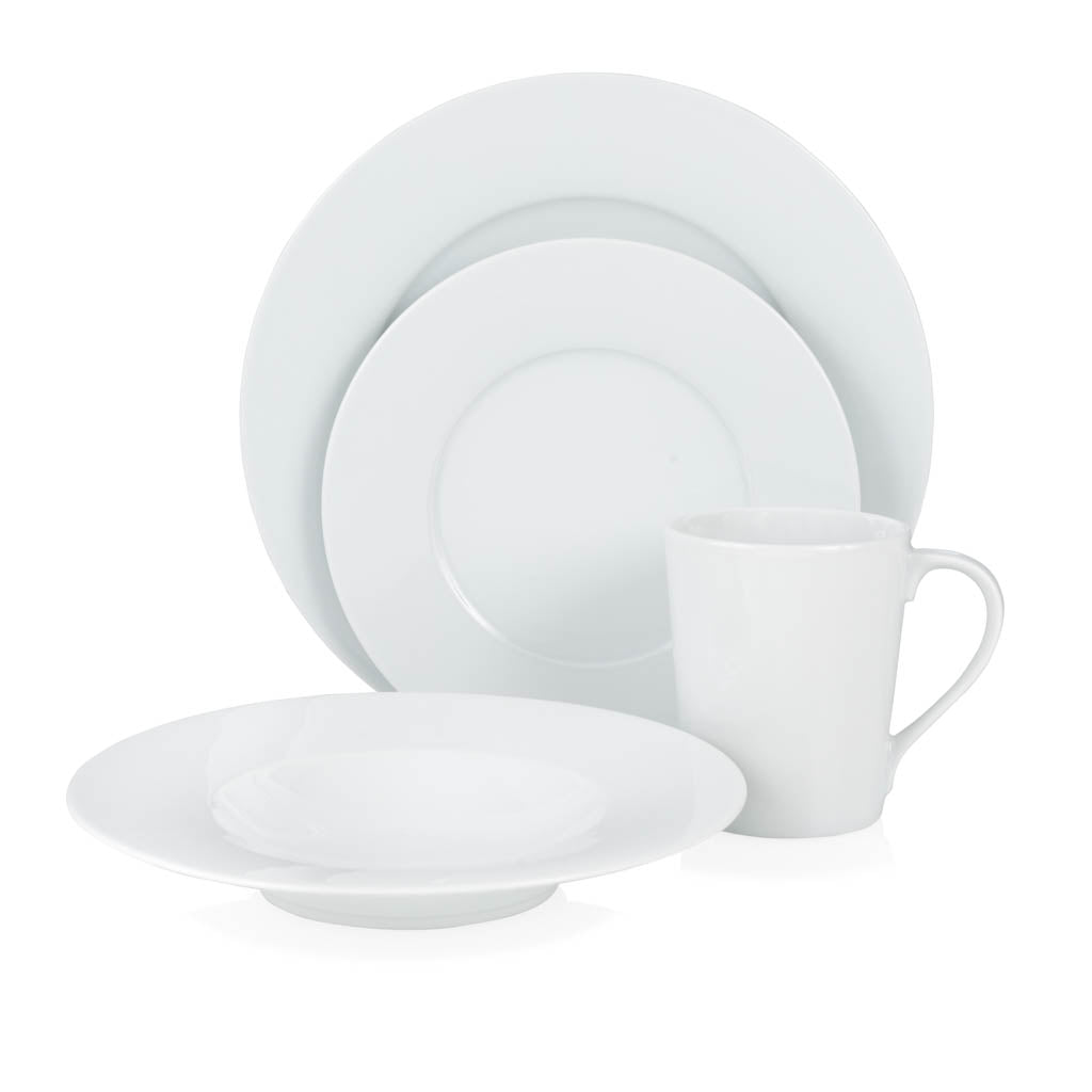 HG Classic white porcelain dinnerware set: mug, dinner plate, salad plate, and bowl.