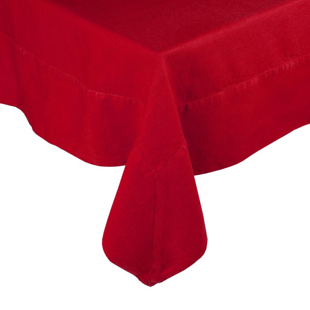 Flame HG Signature hand-dyed red linen tablecloth with a generous border and mitered corner detailing.