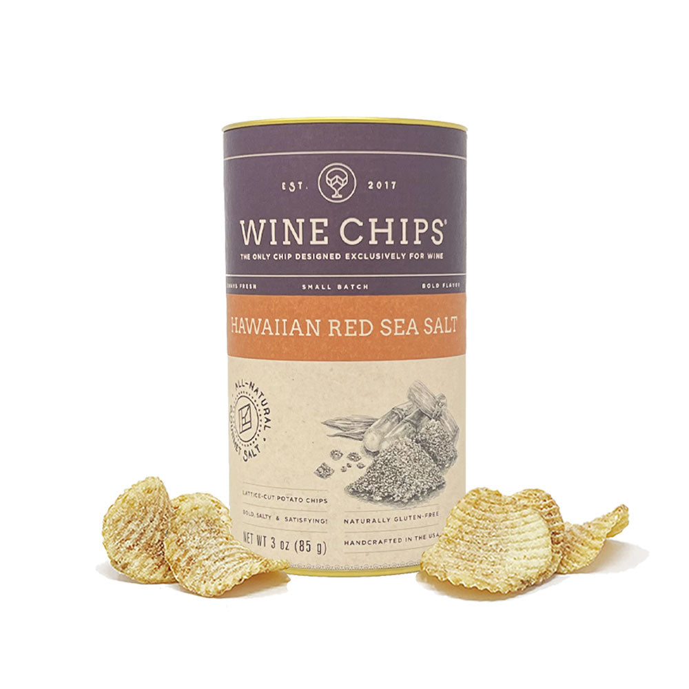 Wine Chips Hawaiian Red Sea Salt 3oz canister with lattice-cut potato chips.