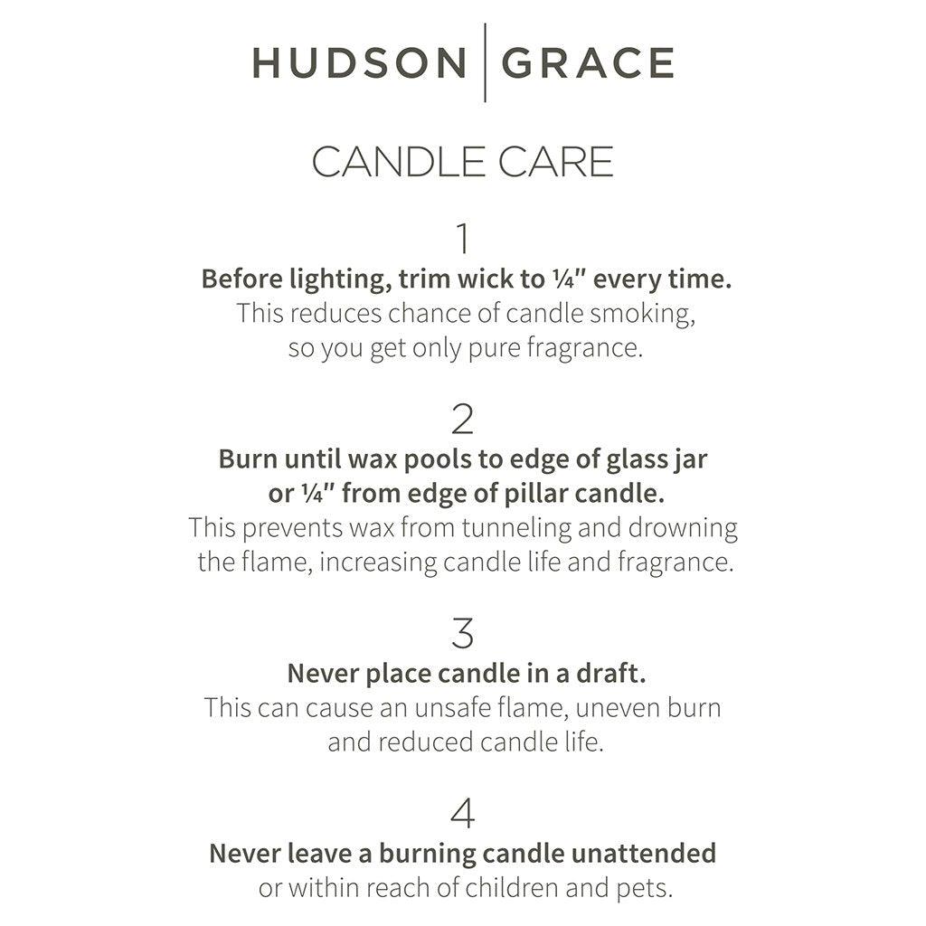 Hudson Grace logo and candle care instructions: trim wick, proper burn, avoid drafts, never leave unattended.