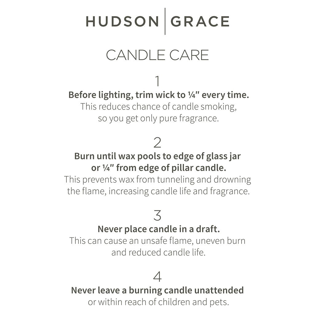 Hudson Grace Montauk Scented 3-Wick Candle care instructions on a white background.