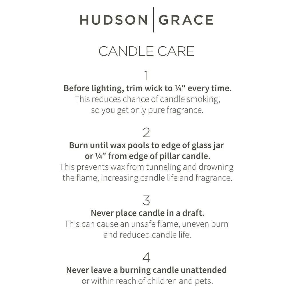 Hudson Grace Candle Care instructions on a white background with black text.