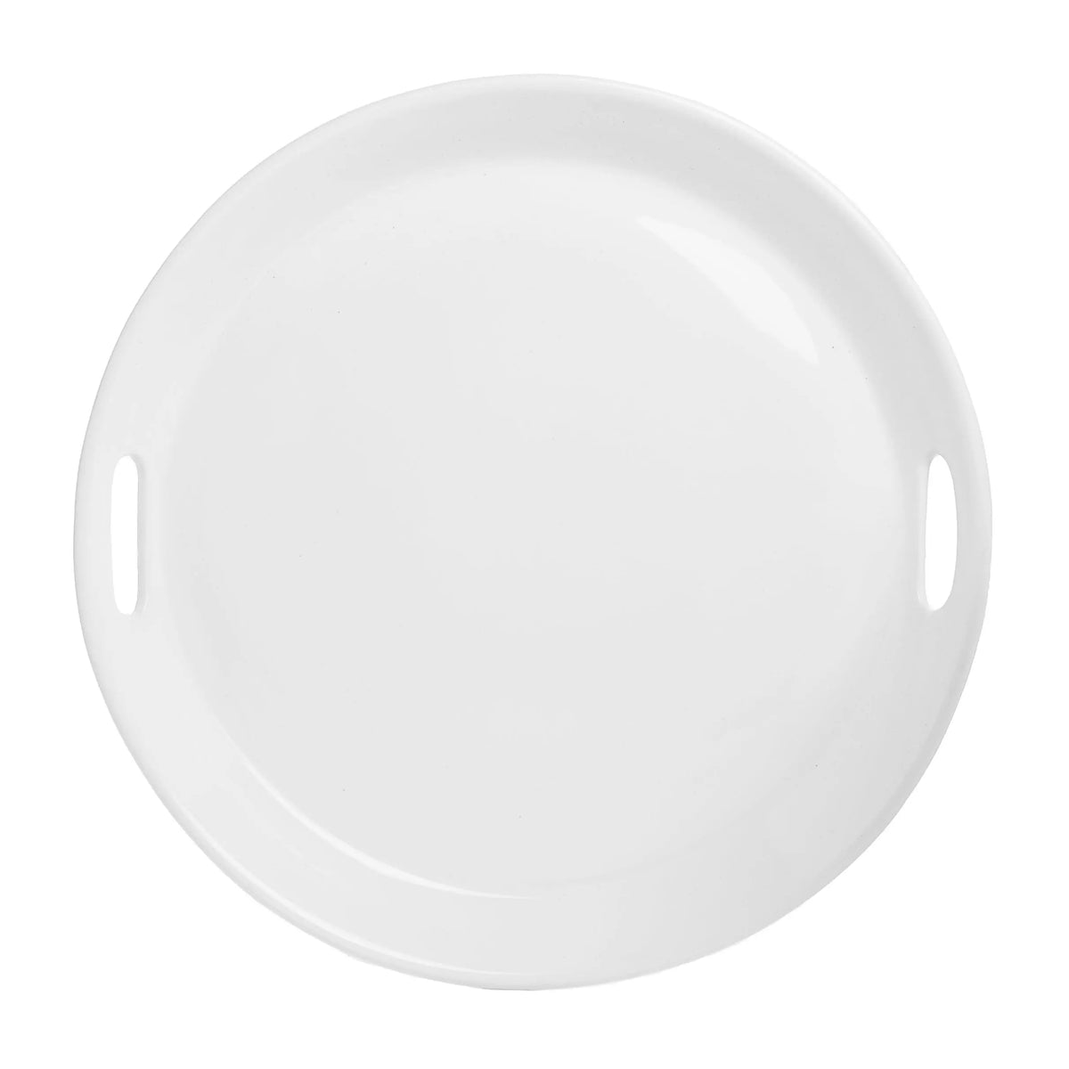 Large round creamy white ceramic serving tray with integrated handles.