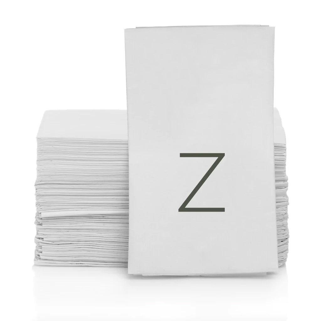 Stack of white 3-ply monogram paper hand towels with a grey letter Z.