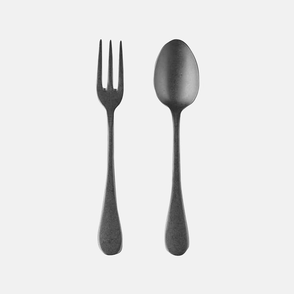Oro Nero 2-piece serving set: 10"L vintage silvery-champagne 18/10 stainless steel fork and spoon.
