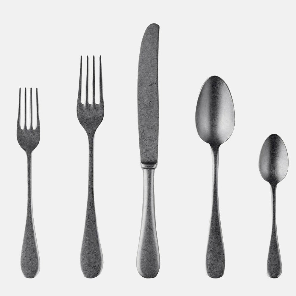 Oro Nero 5-piece flatware set in dark pewter 18/10 stainless steel, vintage neo-baroque design.