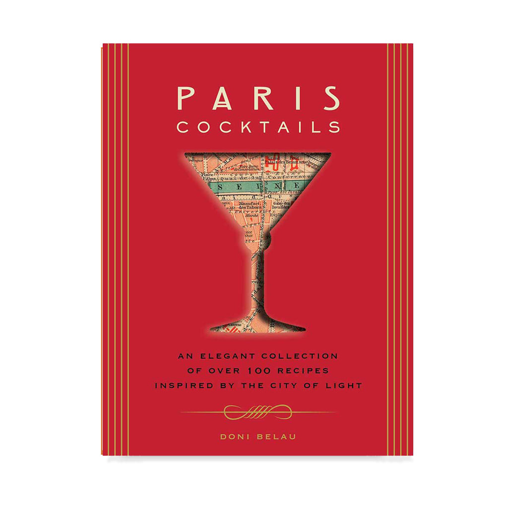 Red "Paris Cocktails" book with gold stripes, a map-filled martini glass icon, and white text.