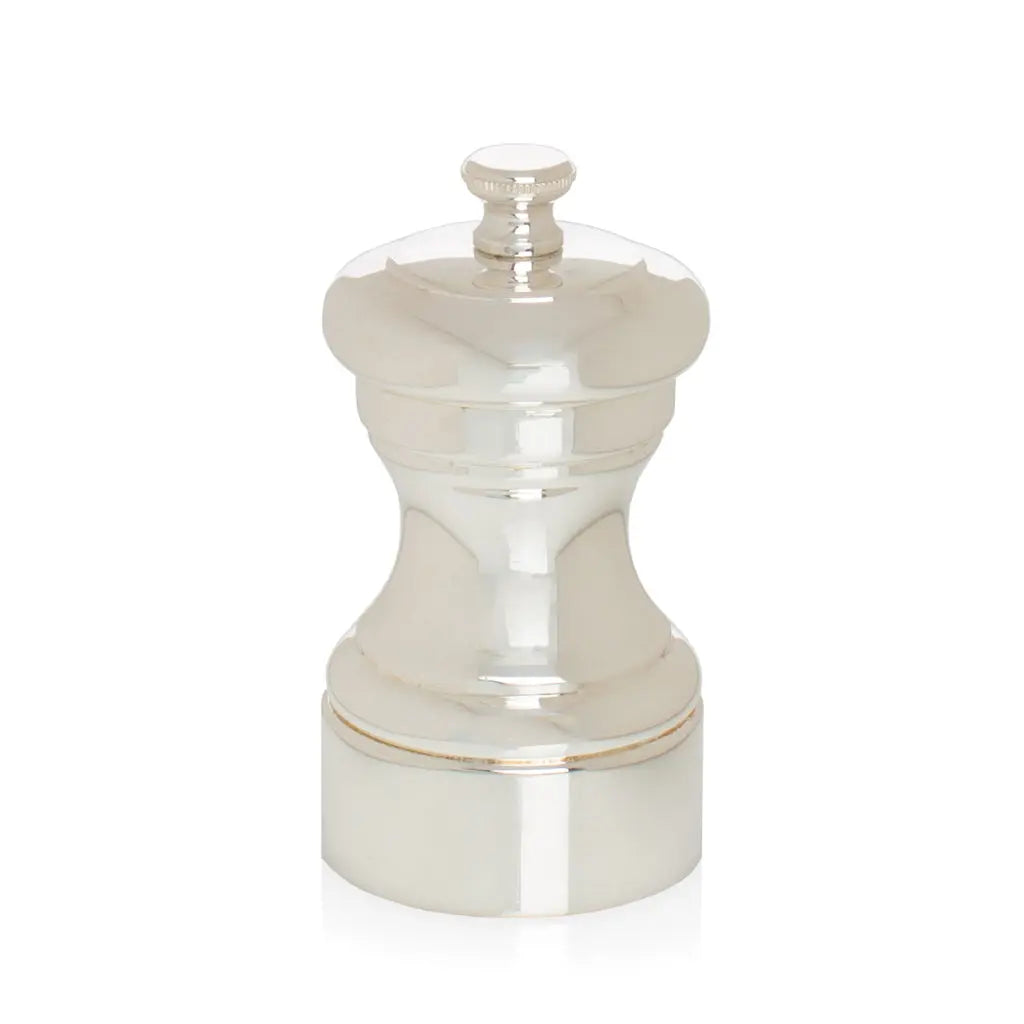 Peugeot Paris Silverplate 4" Salt Mill, Mignonette collection, shiny silver-plated metal.