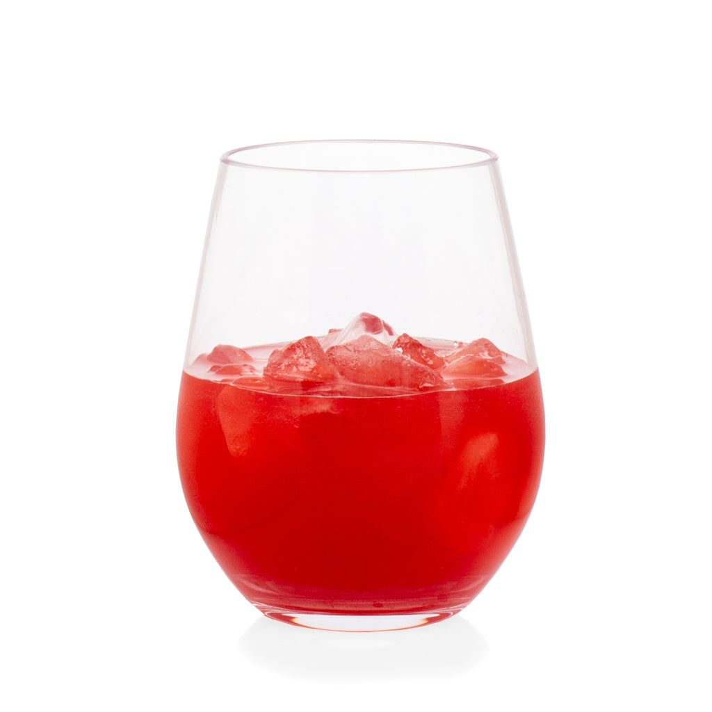 Clear acrylic stemless wine glass, 18oz, filled with red drink and ice.