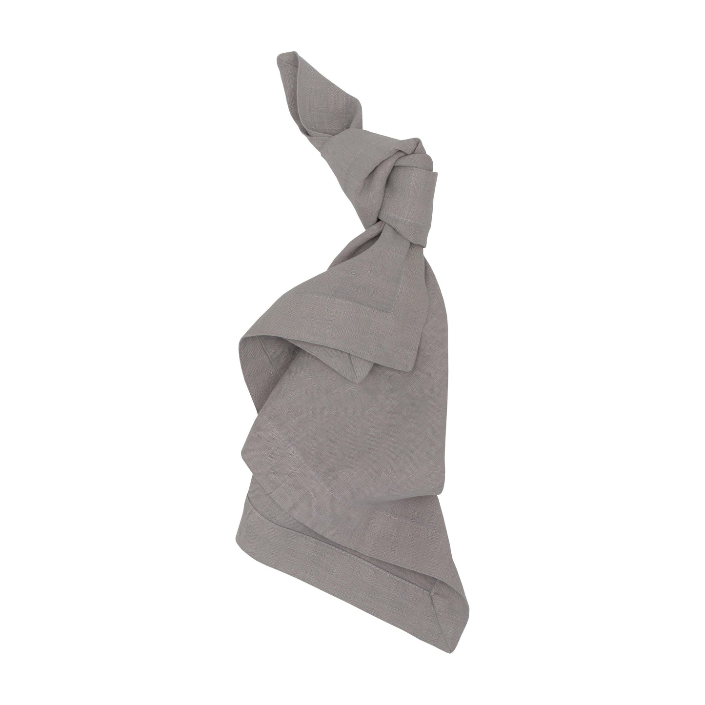 Rain HG Signature hand-dyed light grey linen napkin, 22-inch square, tied in a knot.