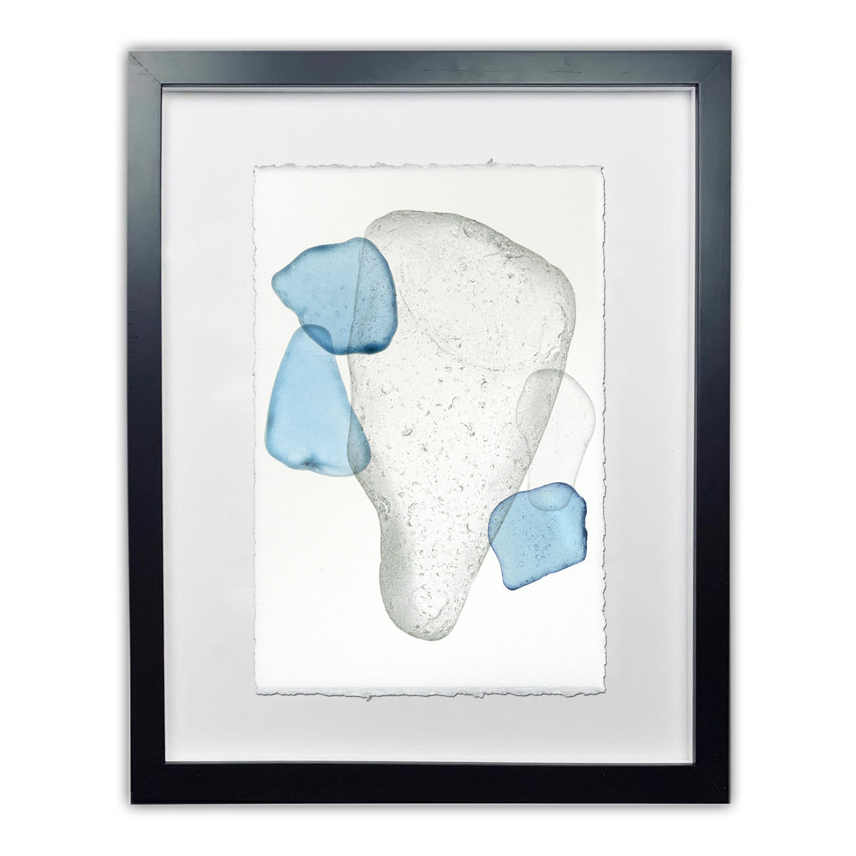 Sea Glass #3 framed wall art print on Nepalese handmade paper, featuring blue and clear abstract shapes.