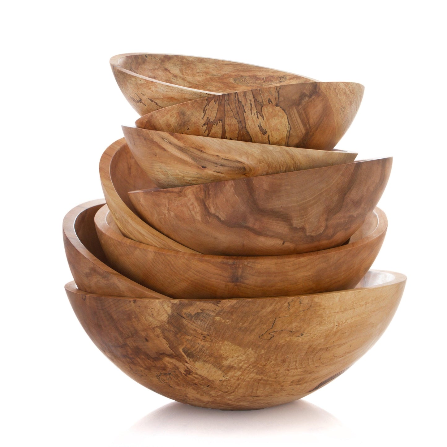 Stacked spalted maple wood bowls, 21" diameter, with unique natural patterns and warm brown tones.