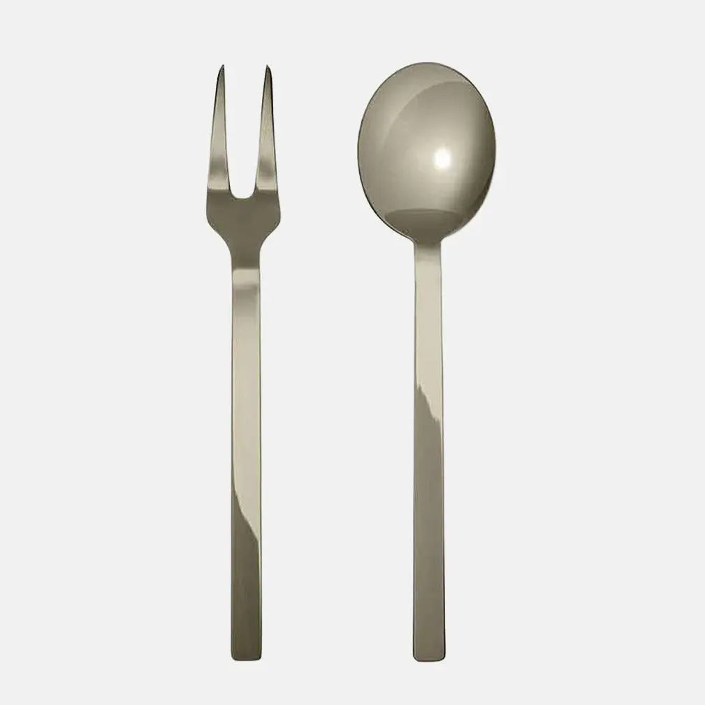 Stile Ice Champagne 2-piece serving set: 10"L 18/10 stainless steel fork and spoon with mirror-polished finish.