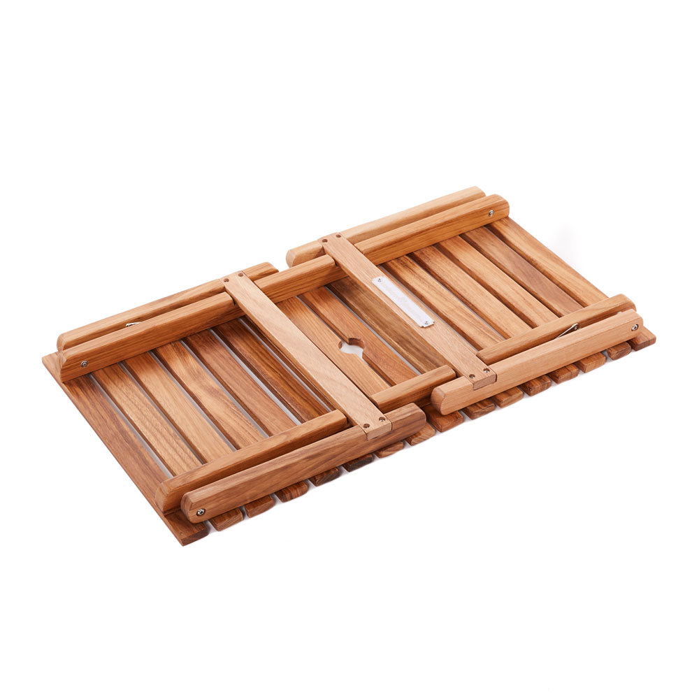 Folded teak portable outdoor picnic table with slatted top, carry strap, and umbrella hole.