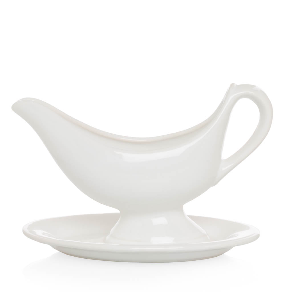 Toscana white ceramic sauce/gravy boat with integrated handle and attached oval plate.