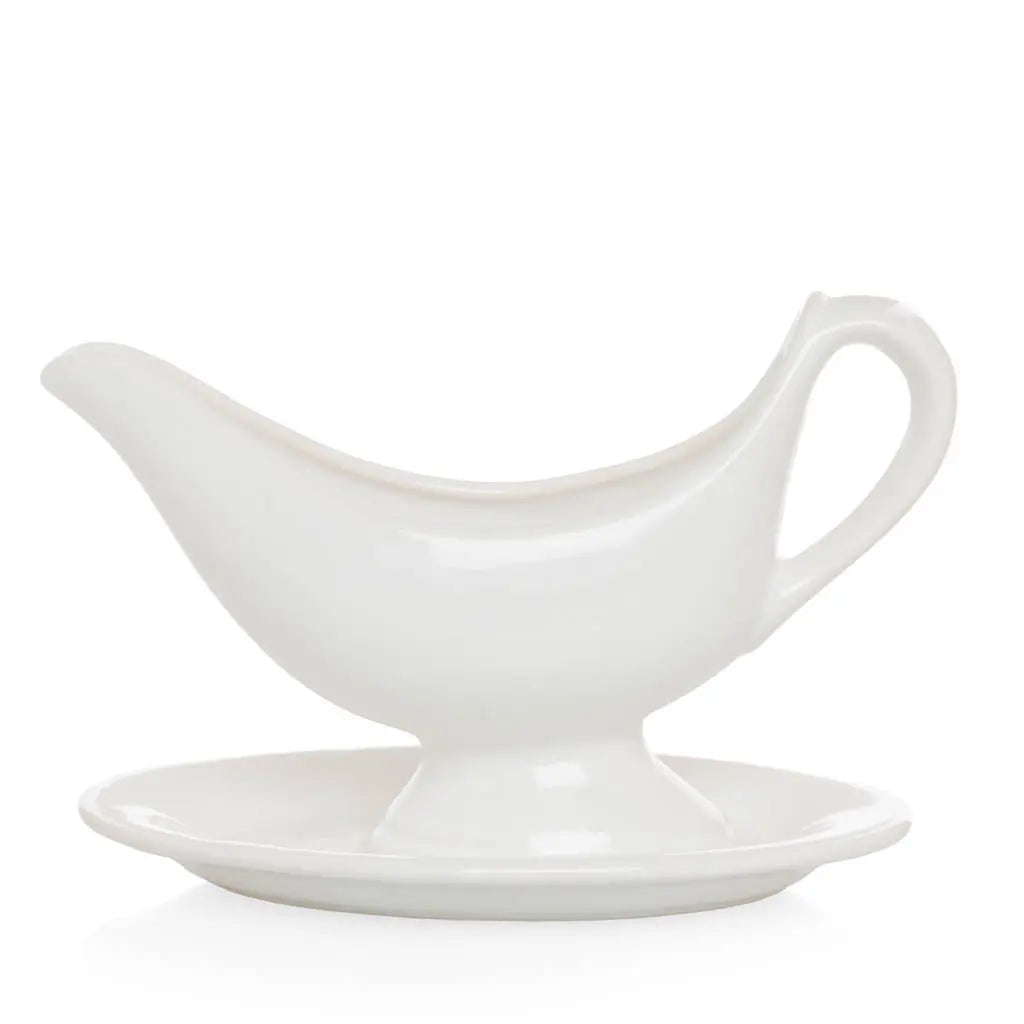 Toscana white ceramic sauce/gravy boat with integrated handle and attached oval plate.
