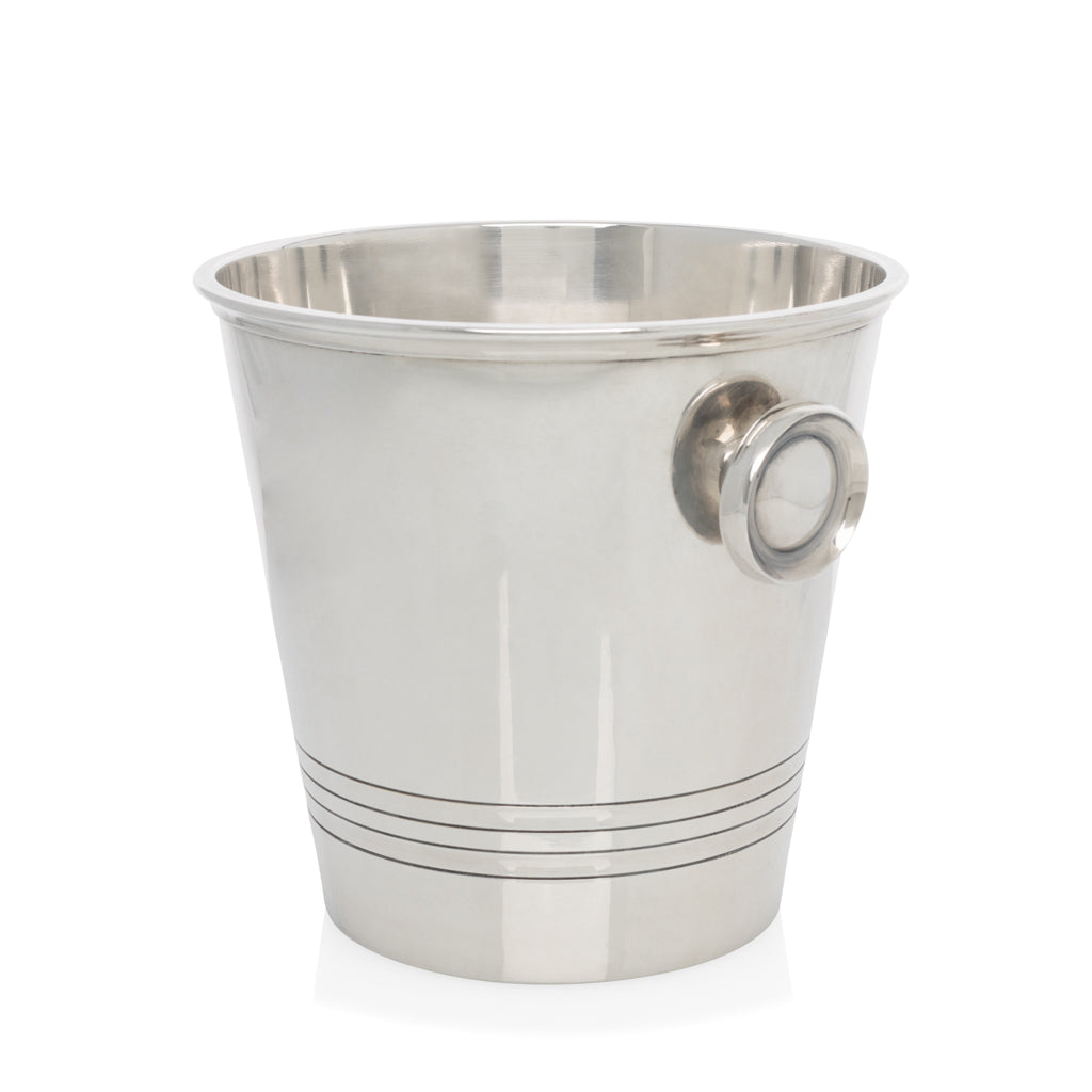 Vintage silverplate Iain ice bucket with ring handles and three horizontal etched lines.