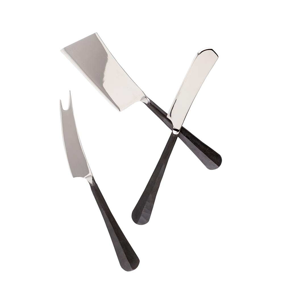 Woodbury Forged Stainless 3-Piece Cheese Knife Set with dark, rustic handles and polished blades.