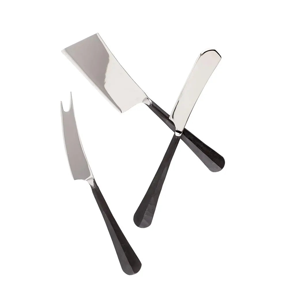 Woodbury Forged Stainless 3-Piece Cheese Knife Set with dark, rustic handles and polished blades.