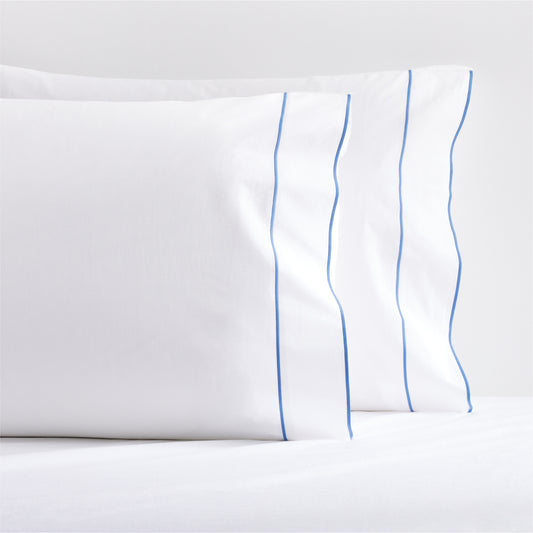 Blue Border Satin Stitch Percale Pillowcases, set of 2