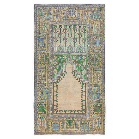 Vintage Cream, Green, and Blue Turkish Rug, 4'7"x9'