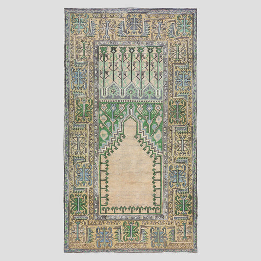 Vintage Cream, Green, and Blue Turkish Rug, 4'7"x9'