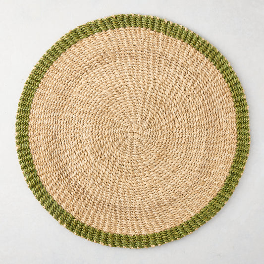 Natural Abaca Round Green Trim Placemat, Set of 4