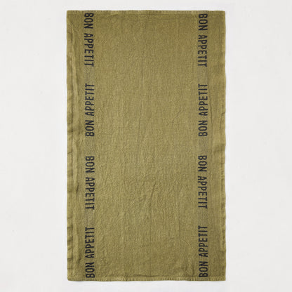"Bon Appetit" Green Linen Hand Towels, Set of 2