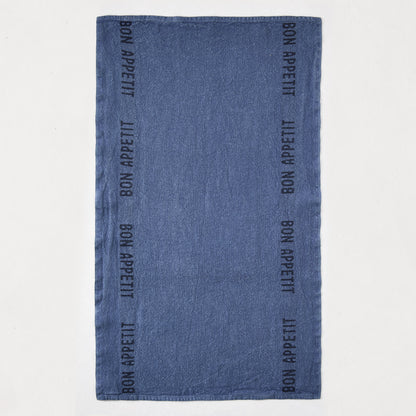 "Bon Appetit" Indigo Blue Linen Hand Towels, Set of 2