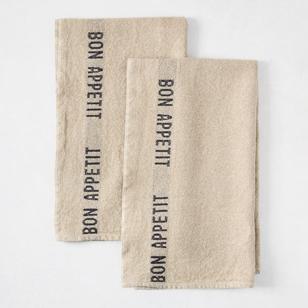 "Bon Appetit" Khaki Linen Hand Towels, Set of 2