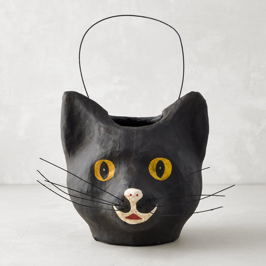 Vintage Black Cat Papier-Mâché Halloween Candy Bucket