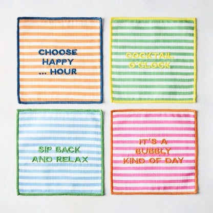"Happy Hour" Stripe Embroidered Conversational Coasters, Set of 4