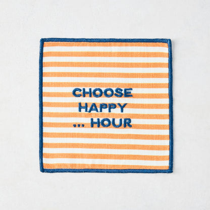 "Happy Hour" Stripe Embroidered Conversational Coasters, Set of 4