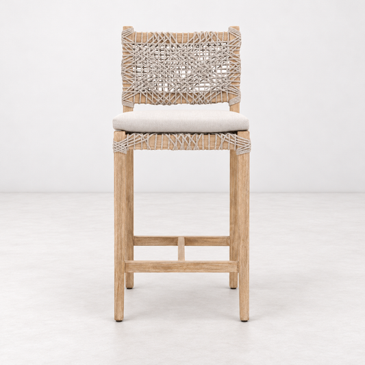 Costa mahogany counter stool with woven white and taupe rope back, light wood frame, and pumice fabric seat cushion.
