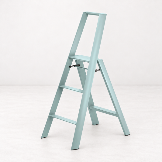 Dusty blue Hasegawa Lucano 3-step ladder in aluminum and steel with a minimalist design and safety bar.