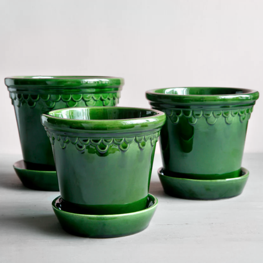 Emerald Green Glazed Garden Pots and Saucers