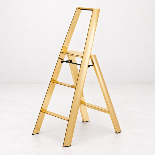 Gold Hasegawa Lucano 3-step ladder in a metallic gold finish with a minimalist aluminum and steel frame.