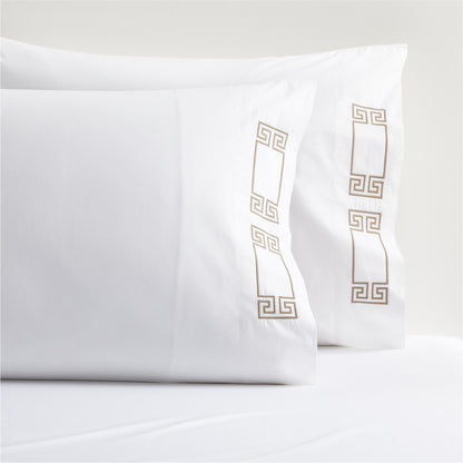 Khaki Modern Embroidered Greek Key Percale Sheet Set