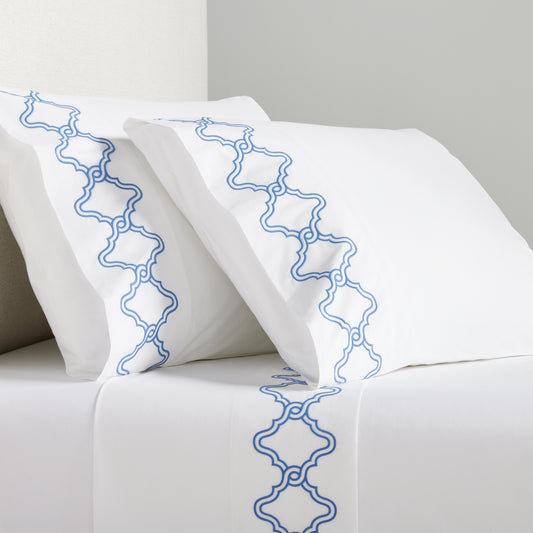 Blue Modern Embroidered Tile Percale Sheet Set