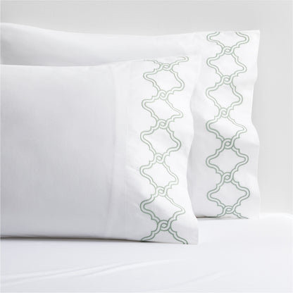 Seafoam Green Embroidered Tile Percale Sheet Set