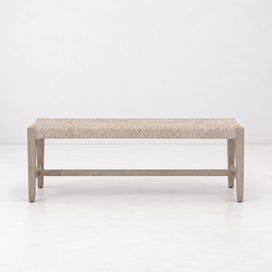 Natural gray mahogany bench with a handwoven white-wash abaca rope seat in a diamond pattern.