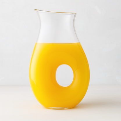 Clear glass carafe with orange juice on a white background