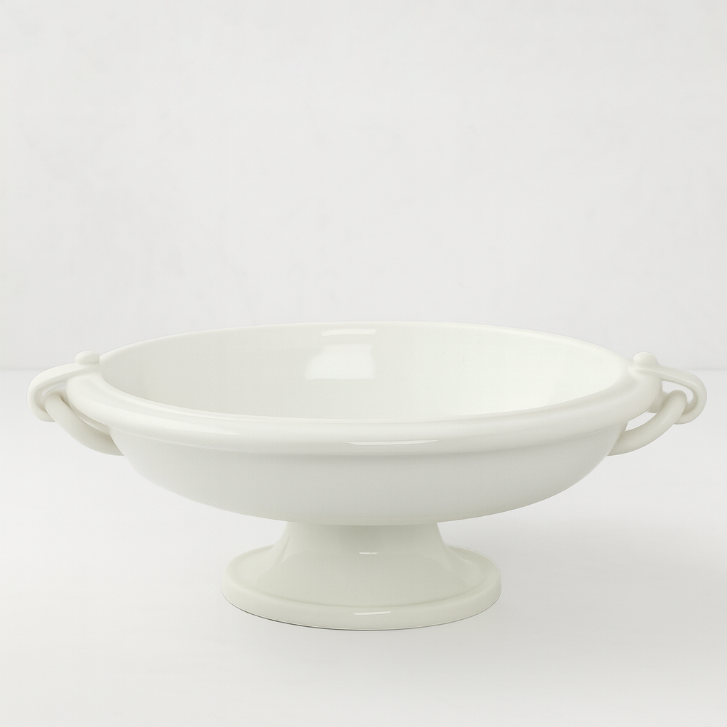 White Ceramic Pedestal Fruit Bowl with Ring Handle