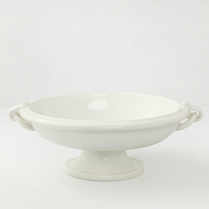 White Ceramic Pedestal Fruit Bowl with Ring Handle