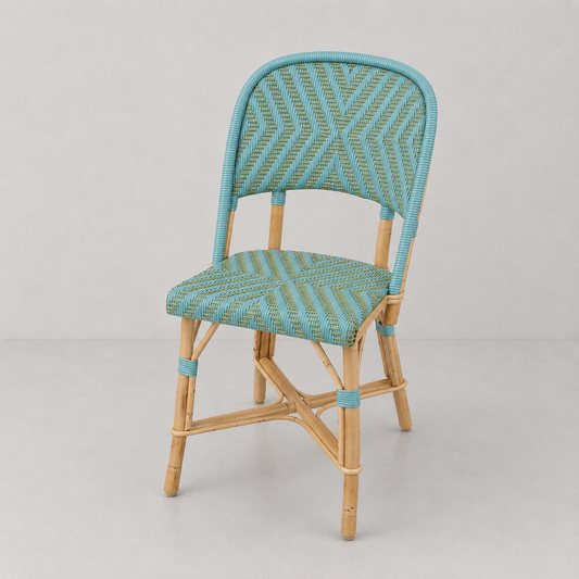 Woven chair with blue and green pattern on a gray background