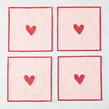 Embroidered Striped Heart Valentine's Day Coasters, Set of 4