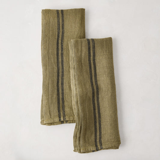 Olive Green Striped French Linen Tea Towels, Set of 2