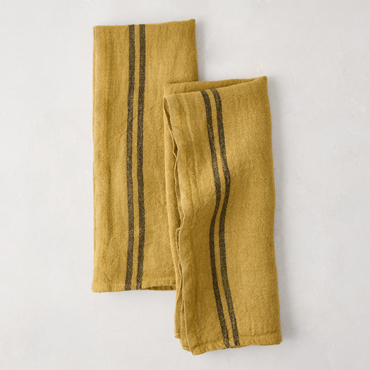 Golden Yellow Striped French Linen Tea Towels, Set of 2